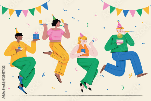 A whimsical birthday party with festive people celebrating amid colorful confetti