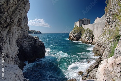 A panoramic view of the ancient city walls and turquoise waters in Dubrovnik, Croatia. The walled old town with its colorful buildings along the cliffside is a symbol of King's Landing from Game.