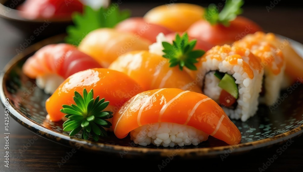 Close up vibrant sushi platter with various rolls, seaweed, rice, sushi, food photography Close up vibrant sushi platter with various rolls, seaweed, rice, sushi, food photography