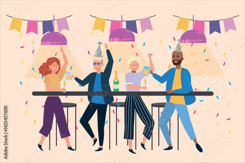 Jubilant friends celebrate at a bar adorned with festive decorations