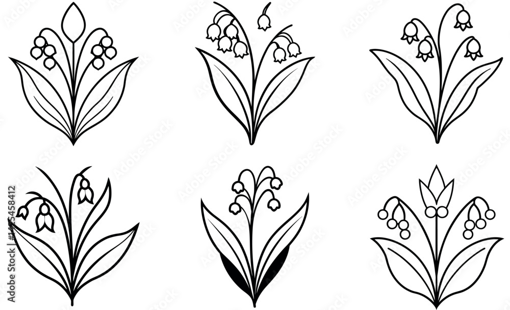 Elegant black and white illustration of stylized lily of the valley flowers. Elegant black and white illustration of stylized lily of the valley flowers.