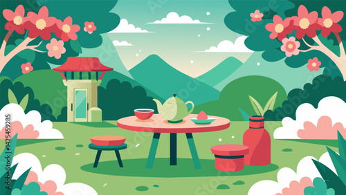 A peaceful garden setting with a small table set up for a mindful tea ceremony surrounded by blooming flowers..