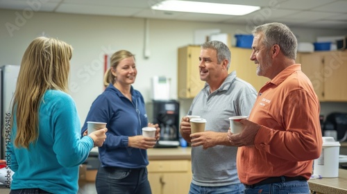 A team of workers in a break room having a quick coffee break, with coffee mugs in hand and casual conversation.