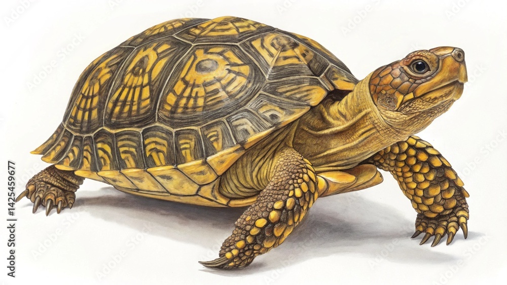 Fototapeta premium Ornate Turtle Side View with Intricate Shell on White Background