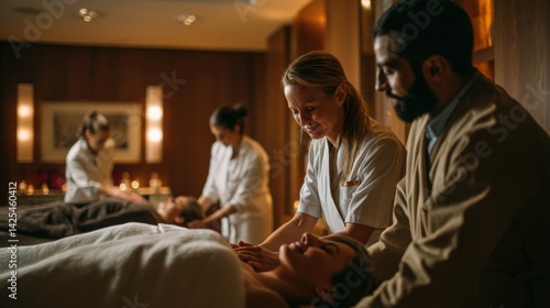 A group of people are getting massages in a spa