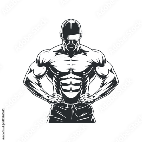 Muscular Bodybuilder With Cap Posing Boldly Demonstrating Strength And Physique Depicted In Vector Format Great For Fitness Designs