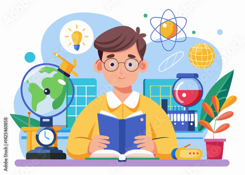 Young Student Studying Science. Discovering Knowledge Through Books
