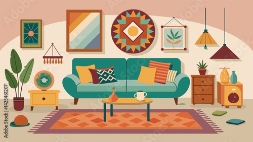 A bohemianinspired living room featuring a mix of vintage rugs colorful throw pillows and a collection of unique thrifted artwork creating a playful. Vector illustration