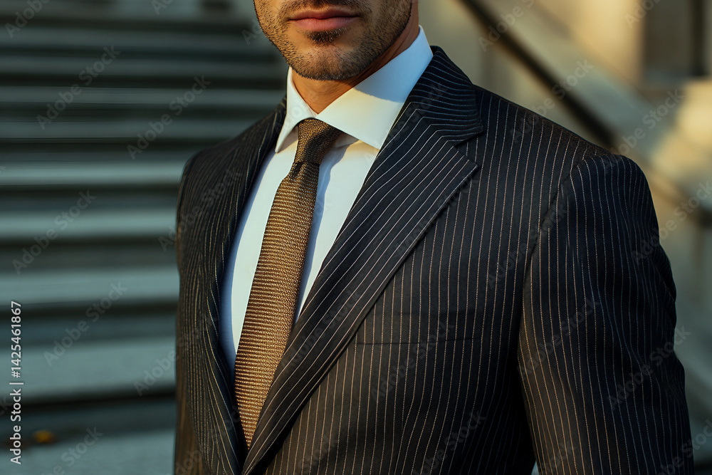 Fototapeta premium Generative AI portrait of a confident businessman in a stylish suit standing in a modern cityscape with urban skyscrapers