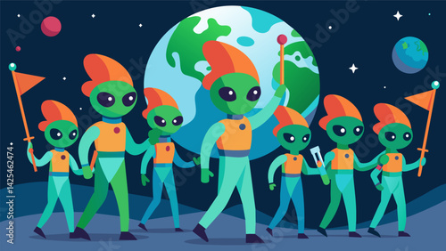 A group of performers dressed as aliens march in the parade claiming the Earth is quickly becoming uninhabitable and they are here to rescue humans.