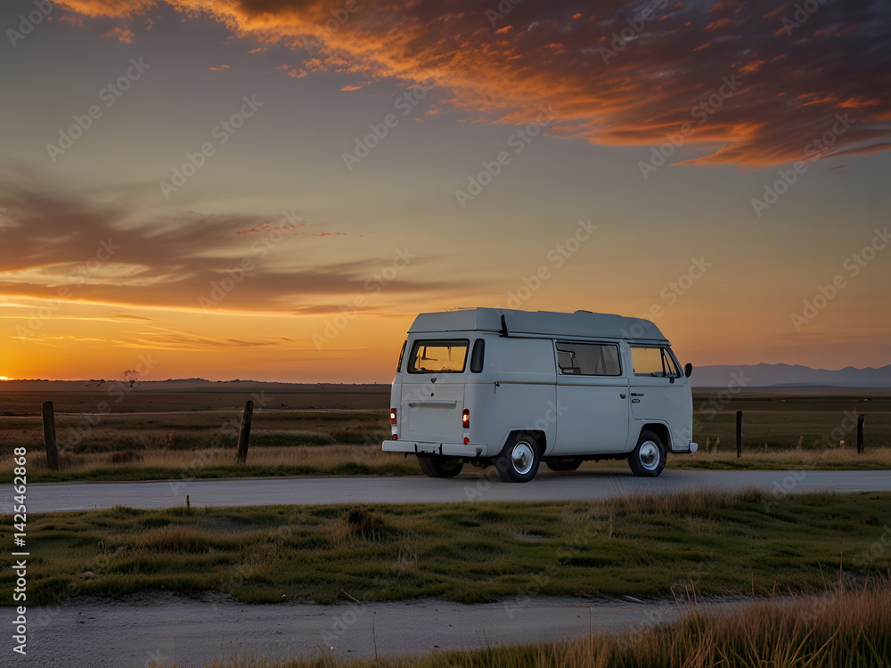 Obraz premium A RV camper van in the grasslands with the sunset