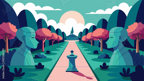 A peaceful path through a sculpture garden adorned with intriguing and thoughtprovoking art pieces encouraging deeper mindful introspection.. Vector illustration