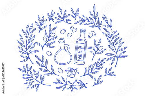 Simple olive branch oil set in line art mediterranean blue. Olive hand drawn vector sketch set in doodle style isolated on white background. Olive line art set of branch, glass bottle of oil