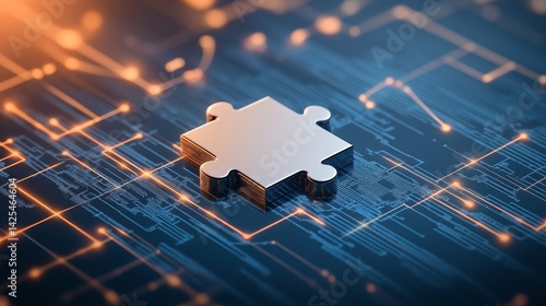 A single puzzle piece floating on a grid of digital pathways, with faint lines of data connecting to it, with clean