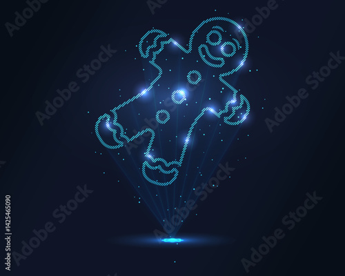 Gingerbread hologram. Futuristic holographic projection of a gingerbread man with glowing energy flux and festive design. Perfect for holiday themes, food illustrations, and celebration concepts