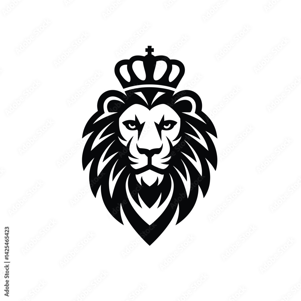 Obraz premium Royal Black Silhouette Vector of Lion Head with Crown and Bold Symmetrical Mane on White Background