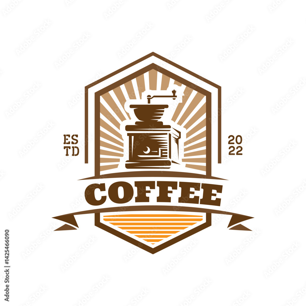 Obraz premium Coffee shop vector logo template with grinder icon