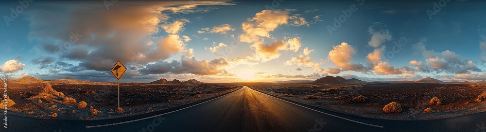 Fototapeta premium A panoramic view of the road leading to Lanzarote, a remote island in Galicia, Portugal, with black lava rocks and red cacti. The landscape is dramatic against the sky at dusk, and there's an open