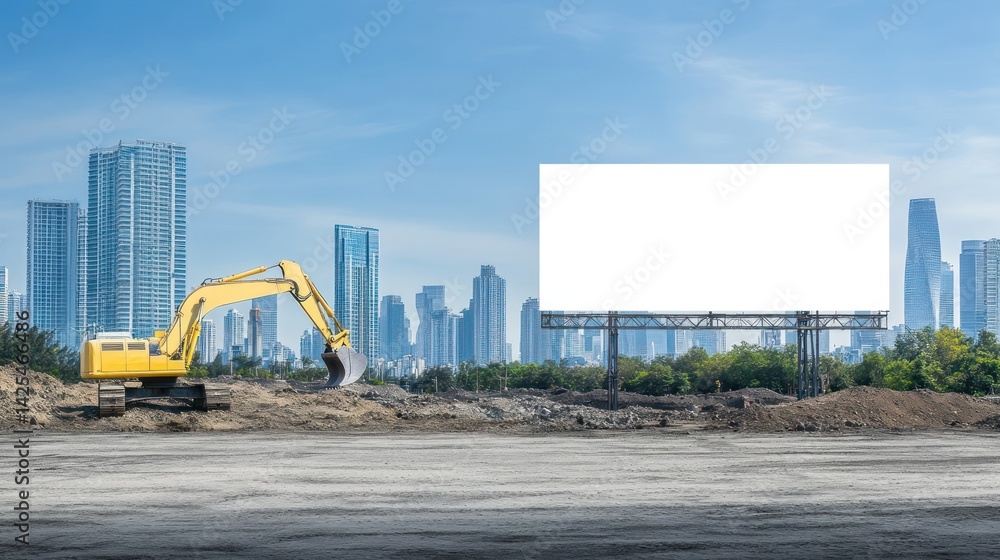 Excavator at Construction Site with Blank Billboard and City Skyline Excavator at Construction Site with Blank Billboard and City Skyline