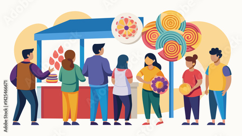 A crowd gathers around a local artisans booth fascinated by the delicate paper quilling artworks on display.. Vector illustration
