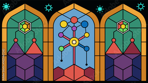 A series of stainedglass windows with ketamine molecules and key designs symbolizing the beauty and complexity of unlocking the mind..