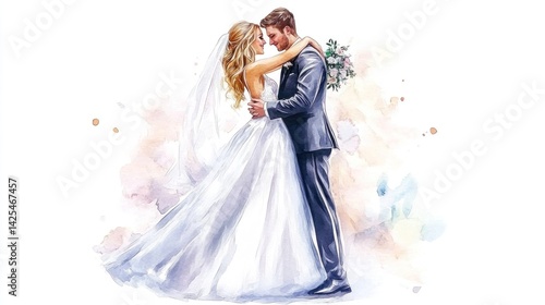 Couple in wedding attire, embracing.  Aquarelle style