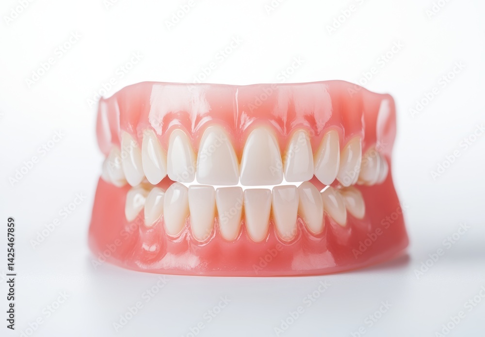 Obraz premium Close up view of a full set of artificial teeth, showcasing bright white and natural looking dental pieces set within pink gumline. The dentures are isolated on a plain white background.