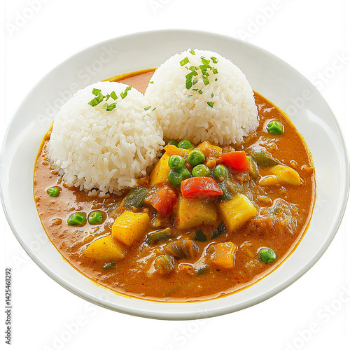 Spicy curry with steamed rice, isolated on white background