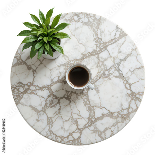 Top View of Marble Table with Coffee and Plant for Modern Interior Design and Lifestyle Concepts