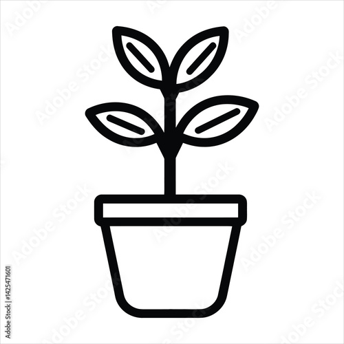 Plant in pot vector icon. Black and white plant in pot illustration.