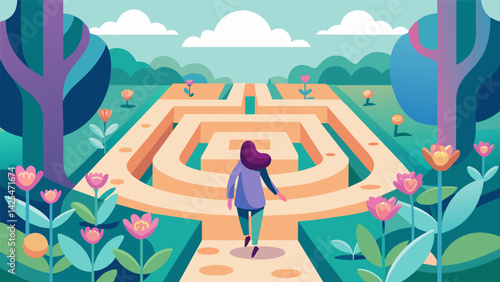 Walking through a maze in a park the patient follows a path lined with blooming flowers as they undergo ketamine therapy. The maze represents the.