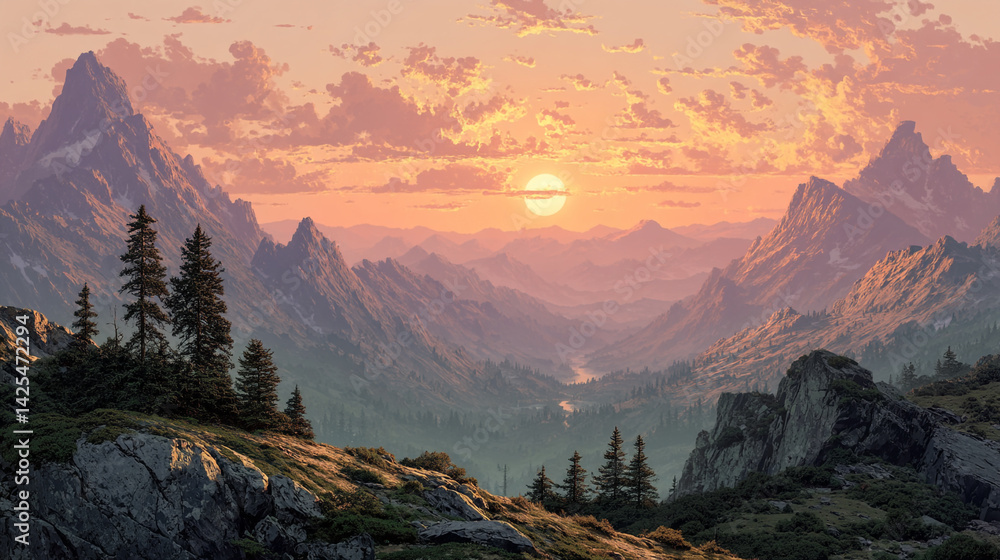 Mountain landscape of the Zailiysky Alatu ridge of mountains with snowy peaks at sunset