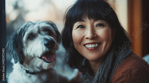 An Asian woman aged 50 with her dog in warm sunset lighting, enjoying a serene moment outdoors.	