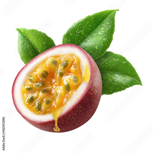 Isolated transparent Vibrant passionfruit tropical fruit half-cut, juicy passionfruit tropical fruit half-cut, exotic refreshing passionfruit tropical fruit half-cut, PNG die-cut or white background