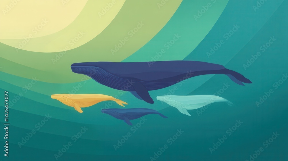 Obraz premium Colorful Abstract Illustration of Whales Swimming in Ocean Waters
