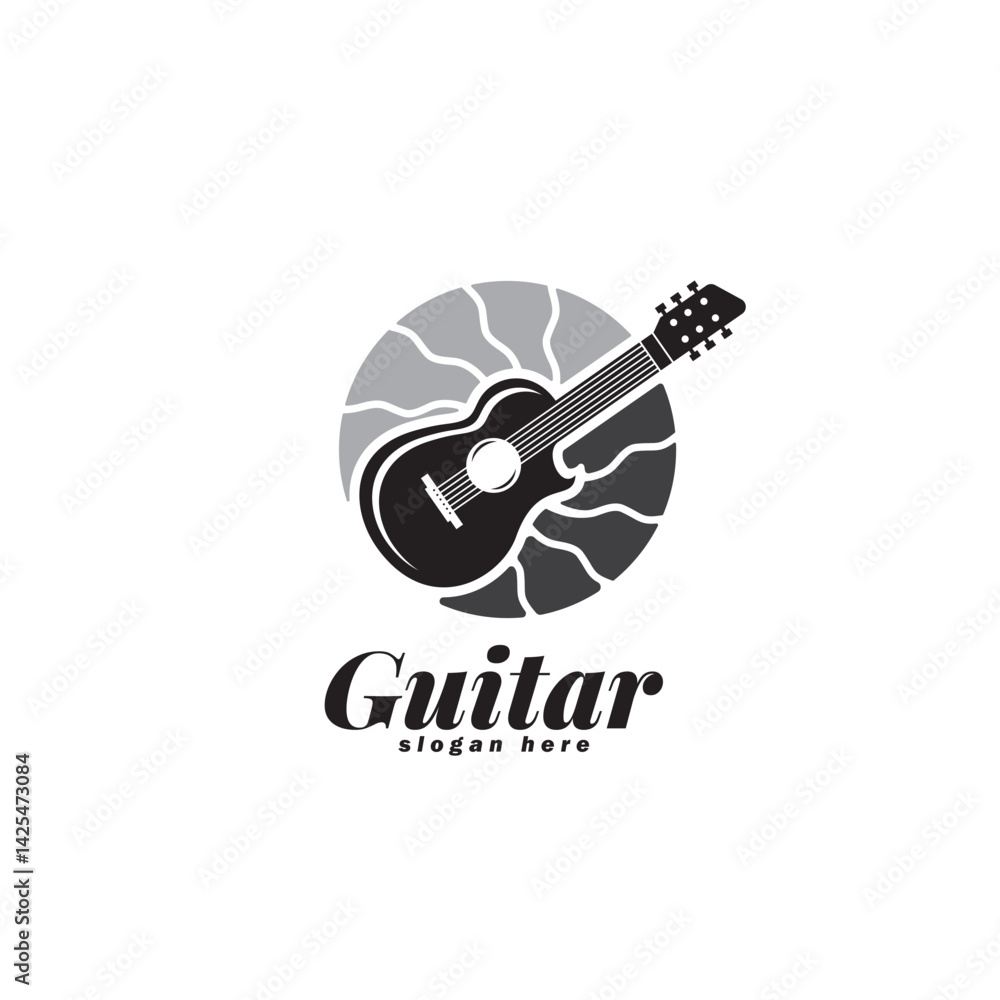 Obraz premium Logo with striped guitar vector template