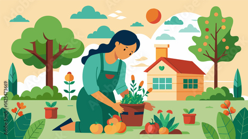 A woman constructing a selfsustaining garden in her backyard growing a variety of vegetables fruits and herbs to ensure her familys survival in the.