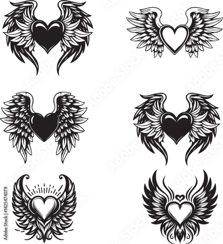 Heart with Wings Vector Set - Love and Freedom Tattoo Style Design