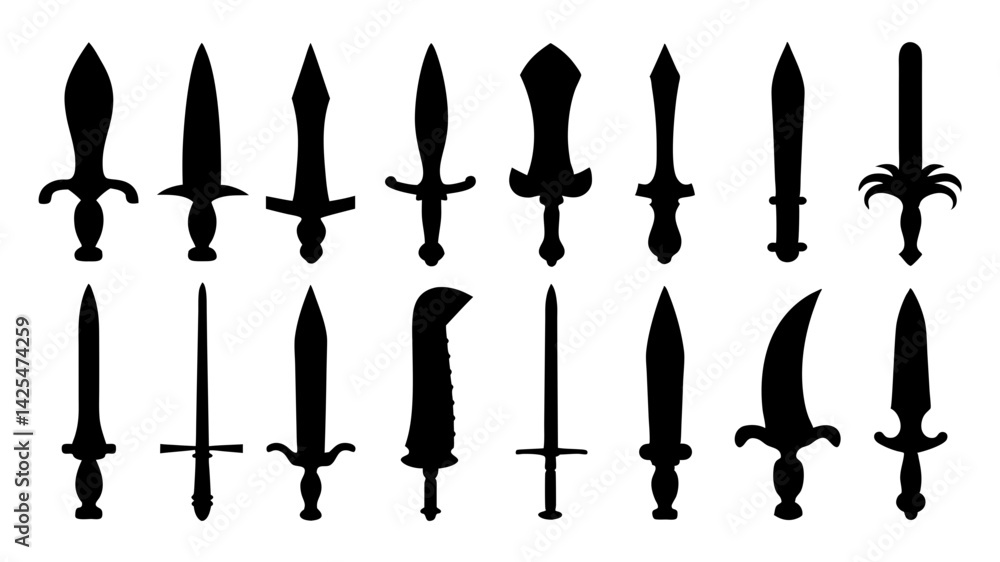 set of dagger silhouette vector on white background set of dagger silhouette vector on white background
