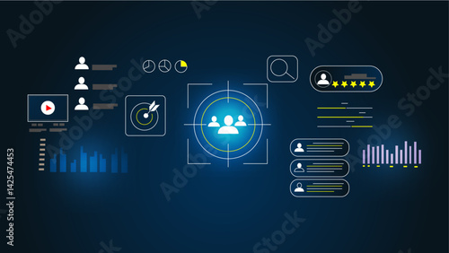 Digital marketing strategy and audience targeting concept. Businessman interacts with data analytics dashboard, customer engagement insights, online advertising trends,