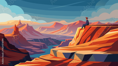 A lone figure sits on a rocky cliff overlooking a vast rugged canyon capturing the rugged beauty of the landscape with a mix of bold and delicate.