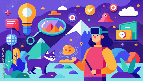 Explore a vibrant and colorful virtual world with your pet filled with hidden treasures and challenges.. Vector illustration
