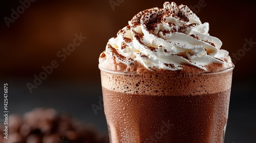 The image features a tall, clear glass filled with a frothy iced cappuccino, topped with a swirl of whipped cream and dusted with cocoa powder