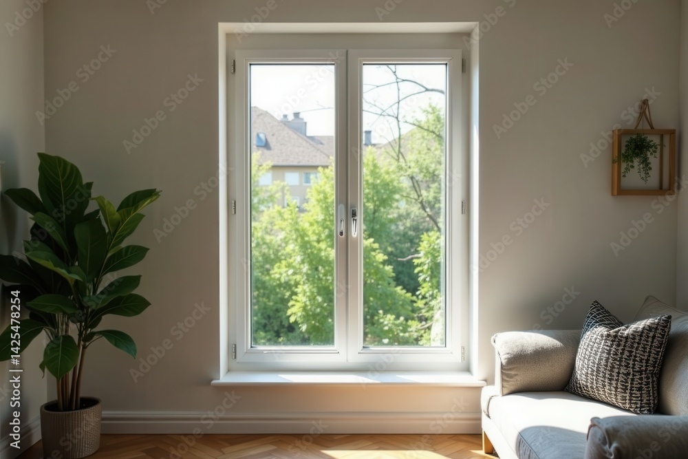 Fototapeta premium Closed PVC window, sealed unit in a small apartment, contemporary, window