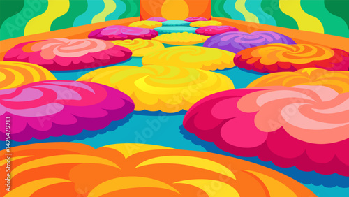 Soft plush rugs in bright psychedelic colors cover the floor adding an extra layer of warmth and comfort..
