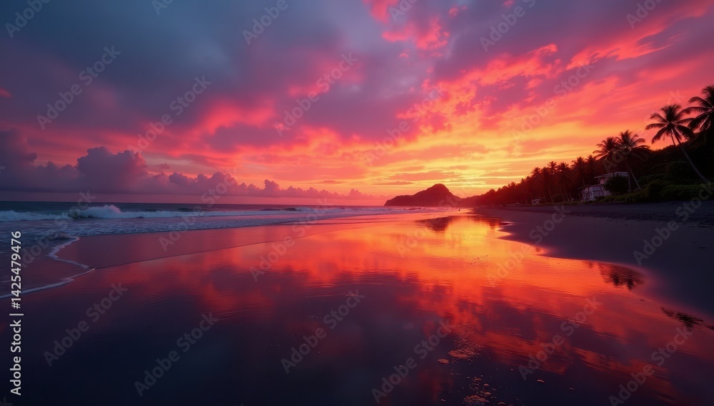 Fototapeta premium Crimson sky reflects on wet sand, Bali's silhouette at sunset , tropical, peaceful