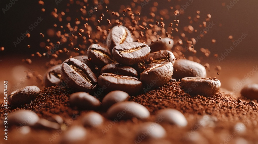 Close-up of Roasted Coffee Beans Erupting on a Bed of Ground Coffee, Showcasing Rich Aroma and Textural Detail Close-up of Roasted Coffee Beans Erupting on a Bed of Ground Coffee, Showcasing Rich Aroma and Textural Detail
