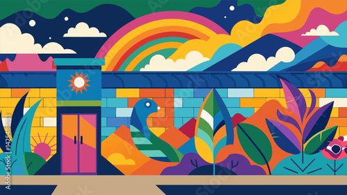 A bold and colorful mural painted by a local artist covers an entire section of the thrift store wall.. Vector illustration
