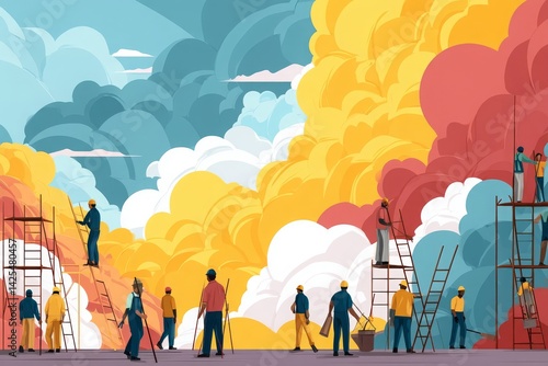 Construction Workers Collaborating on Colorful Abstract Background