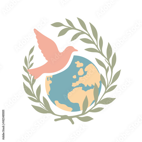 Globe with dove and olive branch symbolizes peace, in flat vector illustration, with copy space